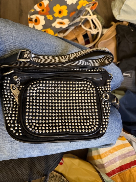Handbags - Studded Black Crossbody Bag with Adjustable Strap